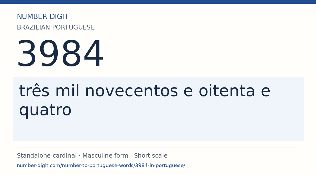 3984 in Brazilian Portuguese words: três mil novecentos e oitenta e quatro