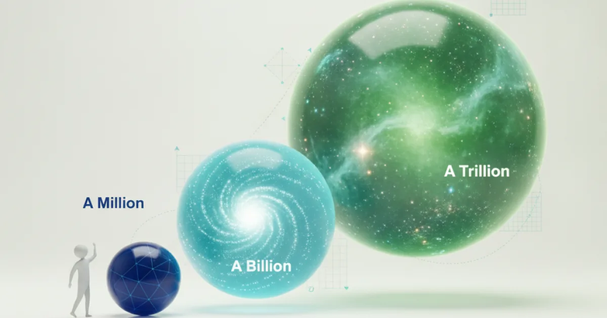 A visual timeline illustrating the vast difference in time it takes to count to one million (days), one billion (years), and one trillion (millennia).