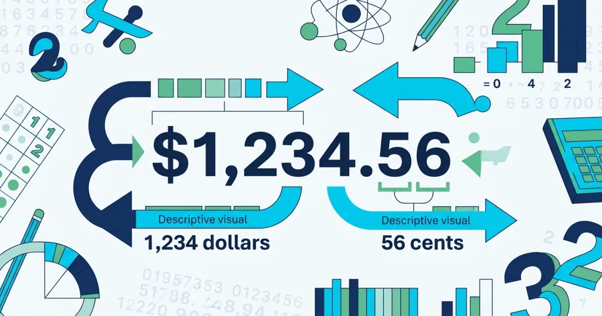 An educational graphic diagram showing the money amount $1,234.56 split into 1,234 dollars and 56 cents, with arrows pointing to each part.