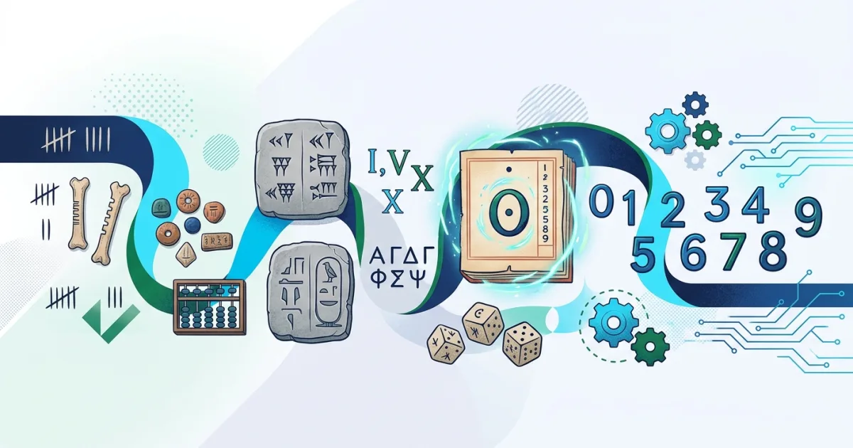 A colorful educational graphic showing the evolution of written numbers from ancient tally marks and clay tokens to Roman numerals and modern decimal digits.