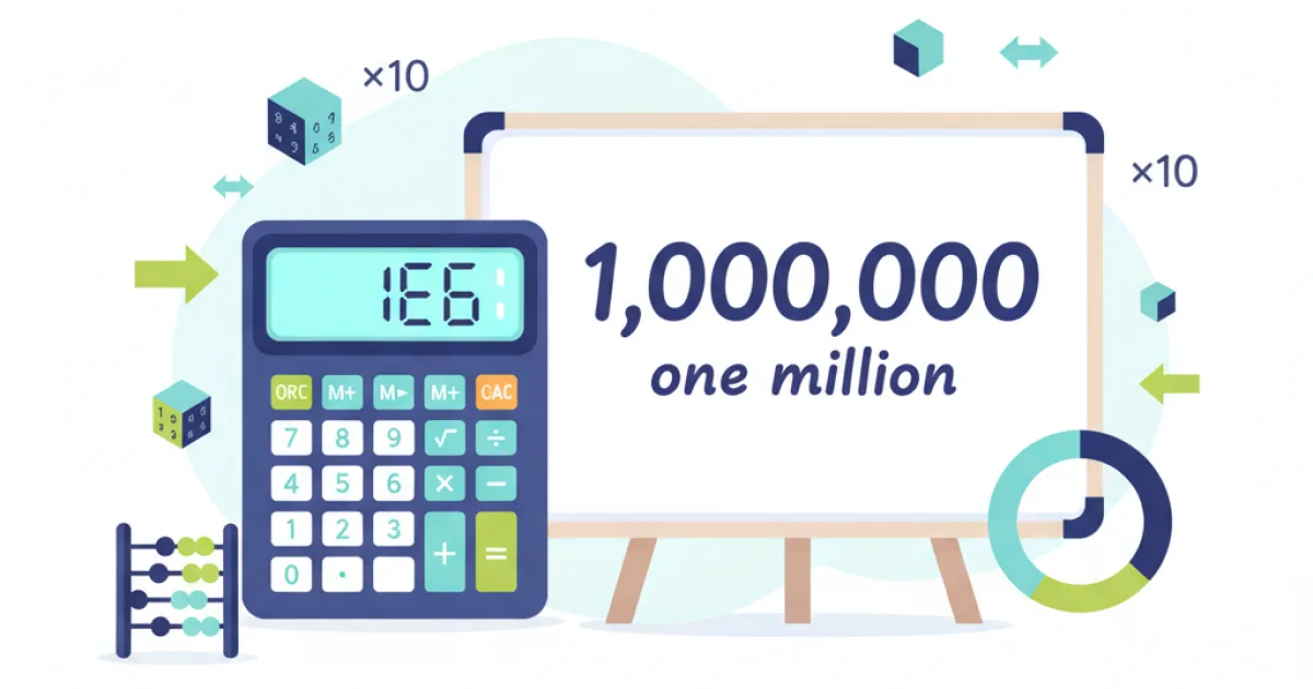 A calculator screen displaying '1E6' next to a handwritten representation of '1,000,000' and 'one million' on a whiteboard.