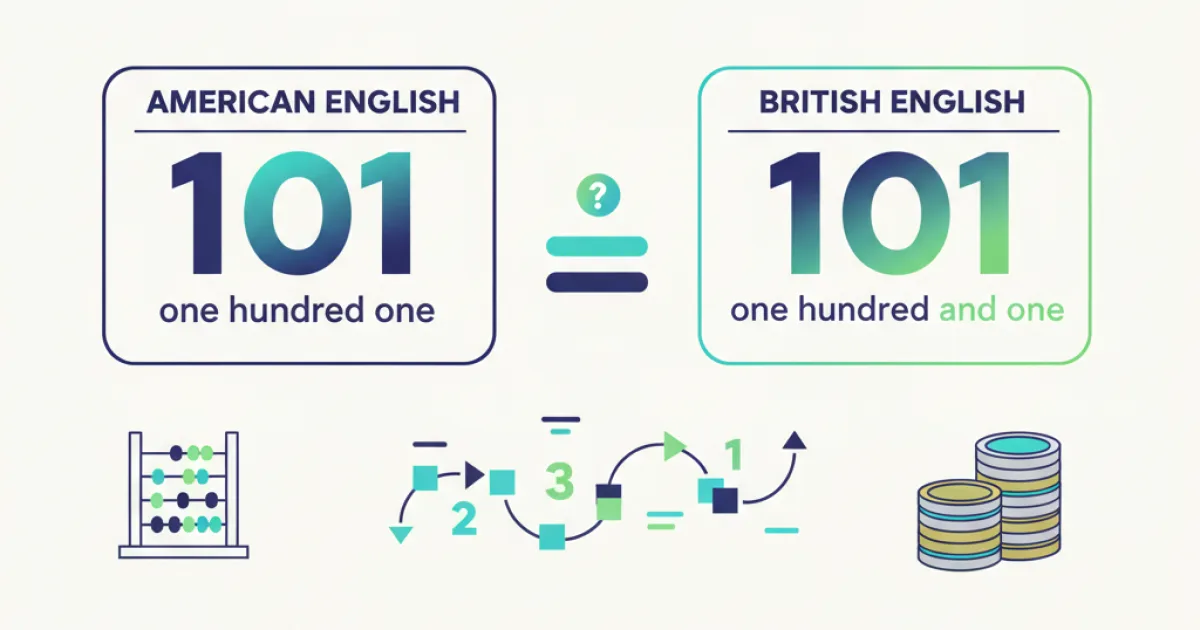 A split screen showing a person's hand writing numbers. On the left (American English side), it shows '101' then 'one hundred one'. On the right (British